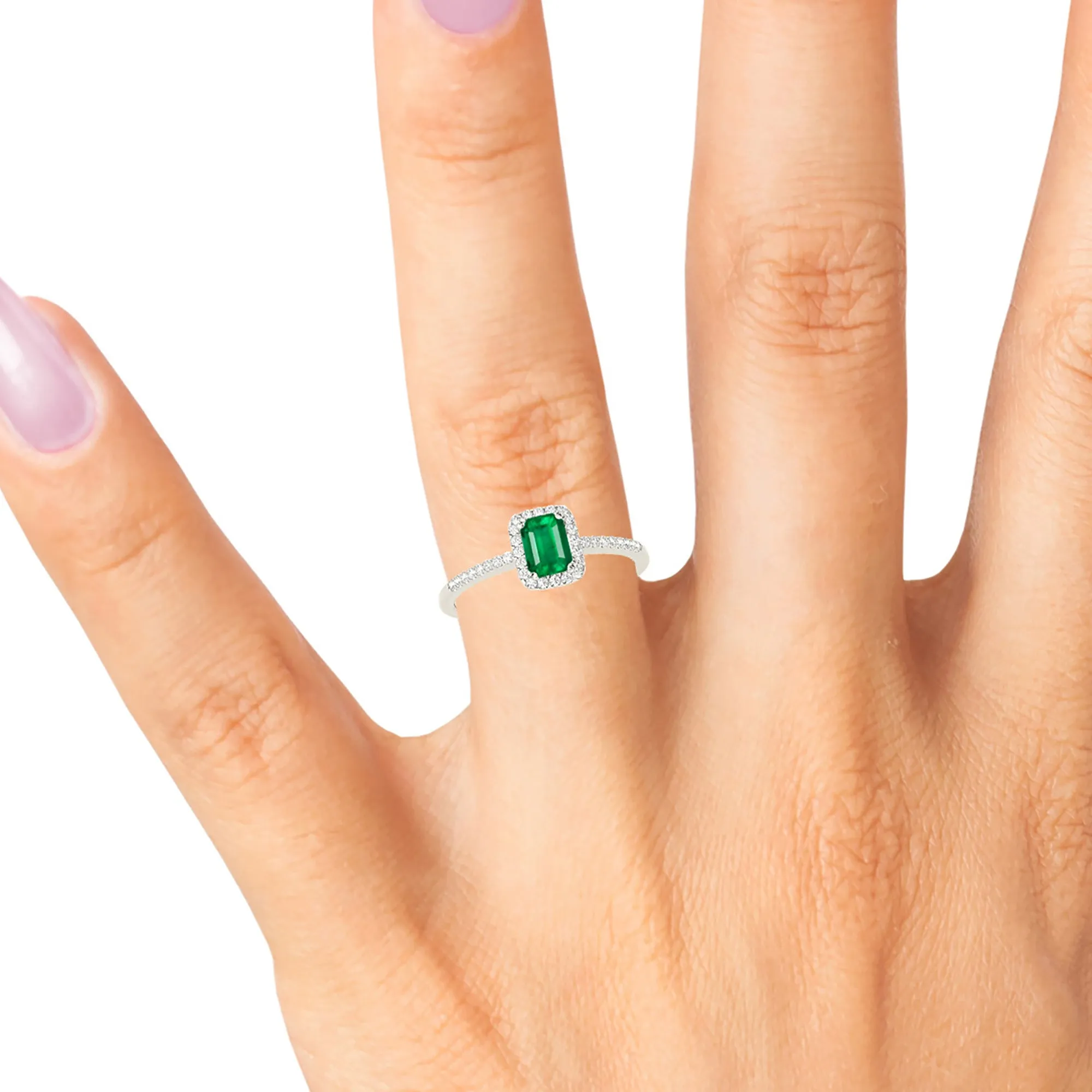 0.65 ct. Genuine Emerald Ring With Halo and Diamond Delicate Shank