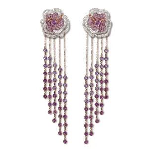 Bloom Halo Medium Flower Amethyst Long Earrings in Rose Gold