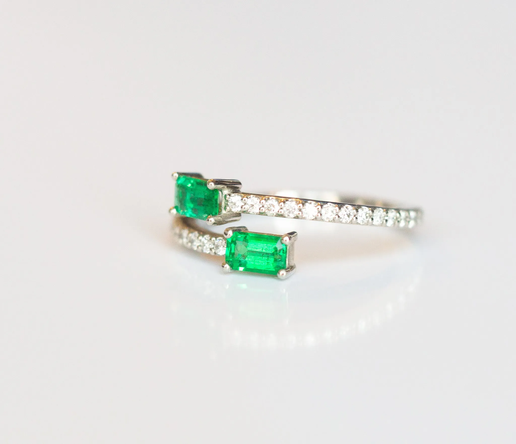 Emerald and Diamond Two Stone Bypass Ring in 14k White Gold